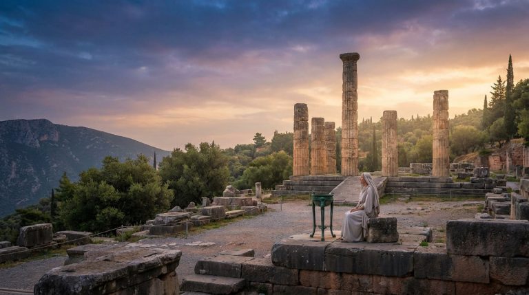 Vue atmosphérique du sanctuaire de Delphes avec une femme en robe antique, colonnes doriques et montagnes au crépuscule.