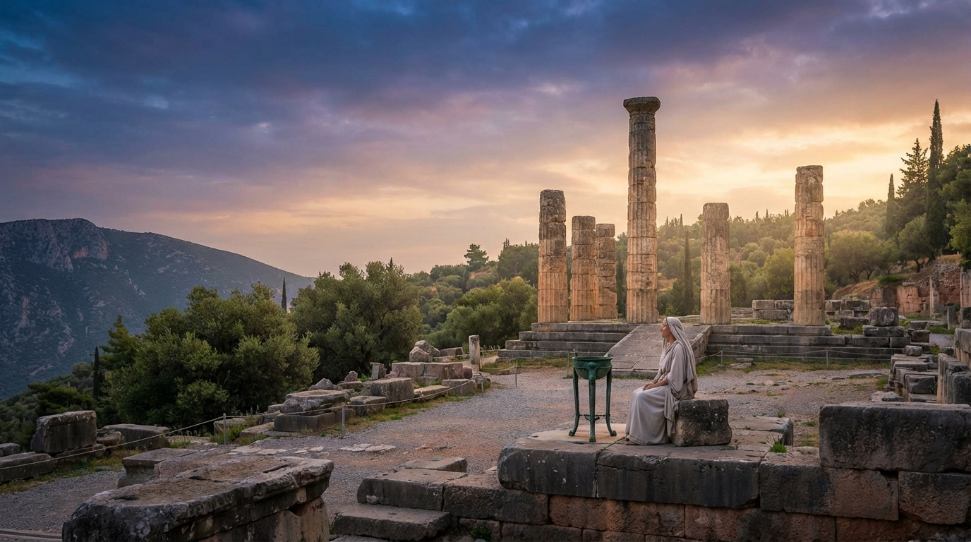 Vue atmosphérique du sanctuaire de Delphes avec une femme en robe antique, colonnes doriques et montagnes au crépuscule.
